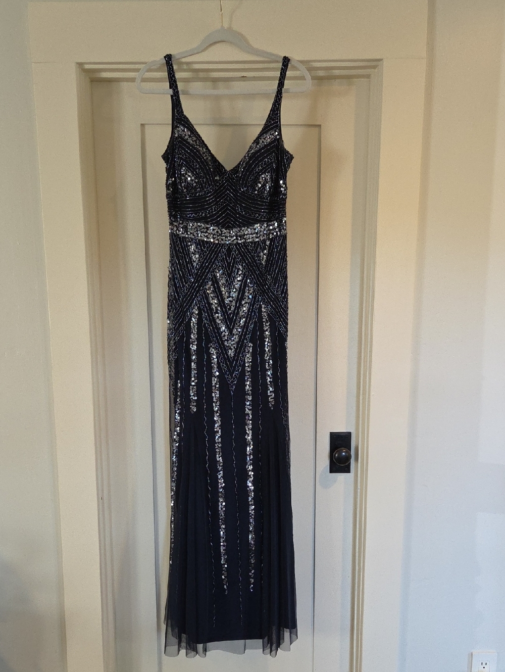 MARINA Navy and Silver Sequin Geometric Maxi Dress